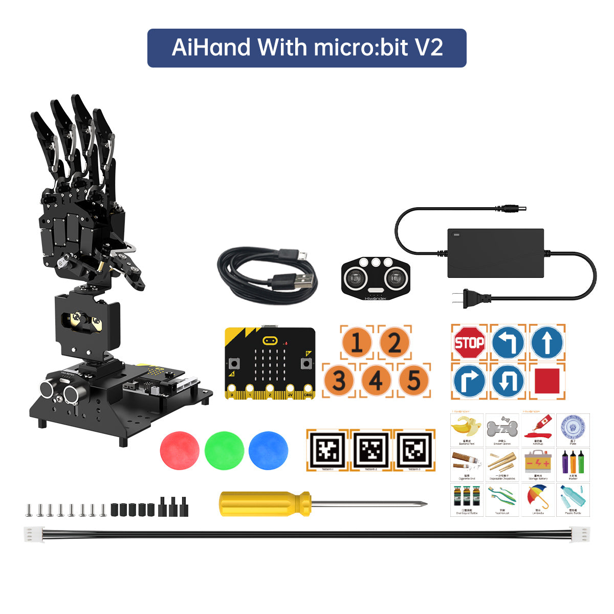 Open-Source Robotic Hand AiHand Powered by micro:bit V2 Programming Educational Robot, Support WonderCam AI Vision Module