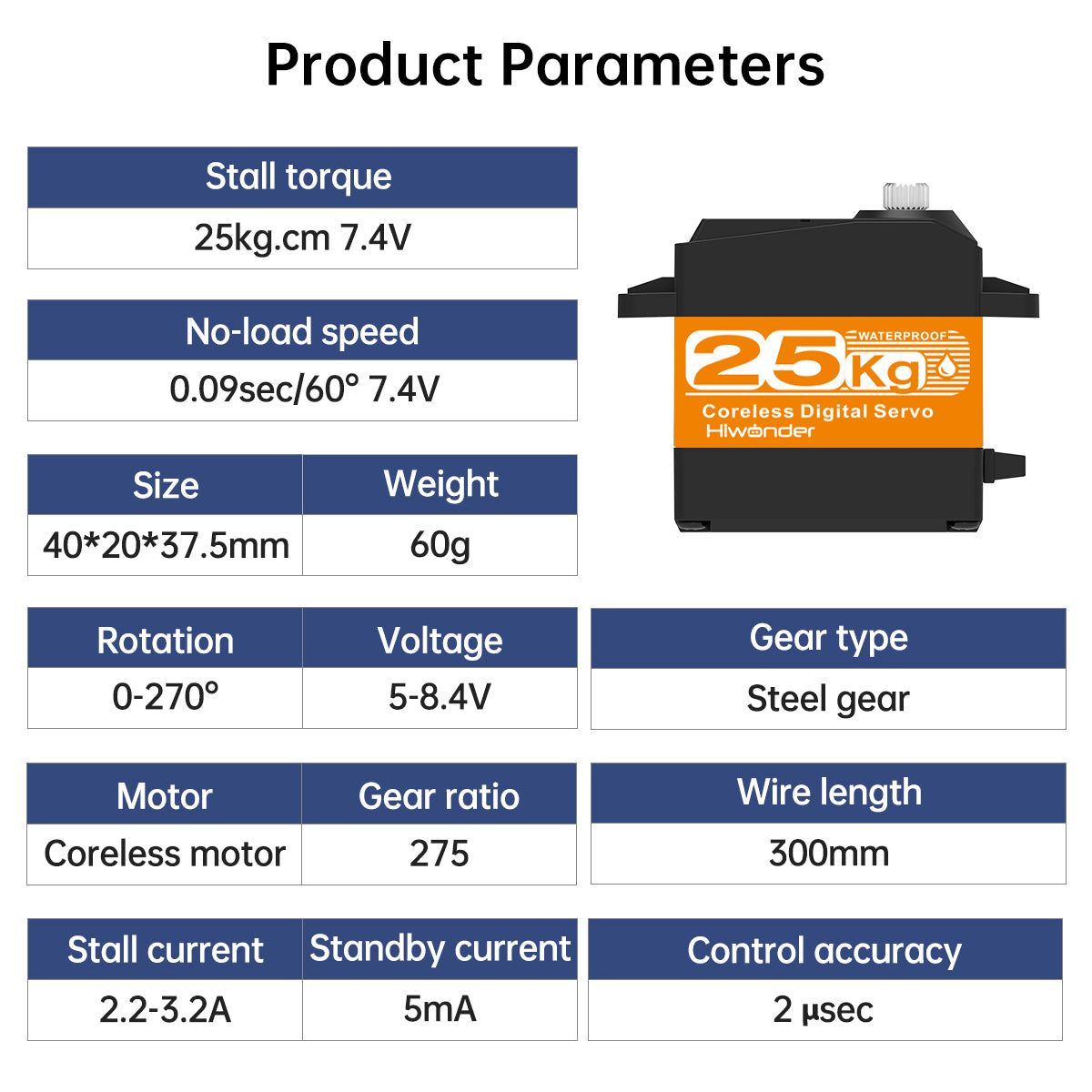 Hiwonder HPS-2527SG High-Speed Coreless Servo 25KG High Torque, Stainless Steel Gear, Waterproof, Suitable for Robot DIY and RC Cars, with 270° Controllable Angle