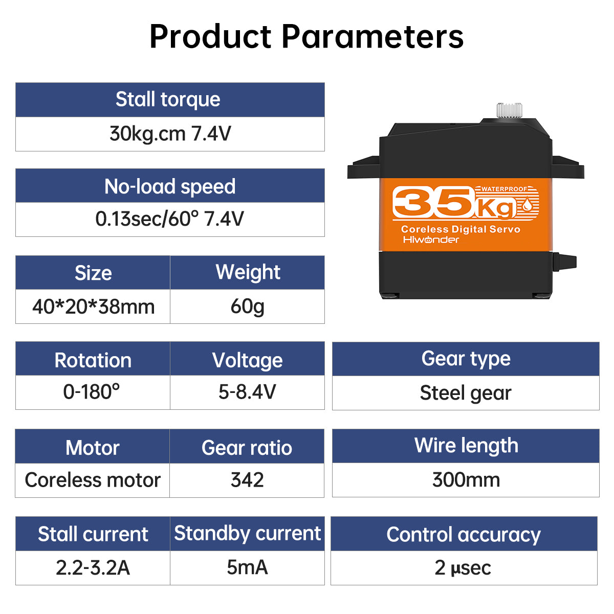 Hiwonder HPS-3518SG High-Speed Coreless Servo 35KG High Torque, Stainless Steel Gear, Waterproof, Suitable for Robot DIY and RC Cars, with 180° Controllable Angle