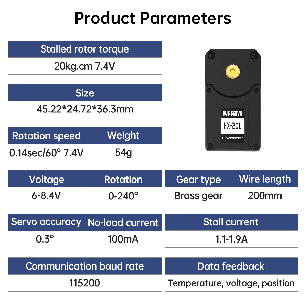 Hiwonder HX-20L 20kg High Torque Serial Bus Servo with Real-time Feedback, Full Metal Gear Dual Shaft Bearing for RC Robot