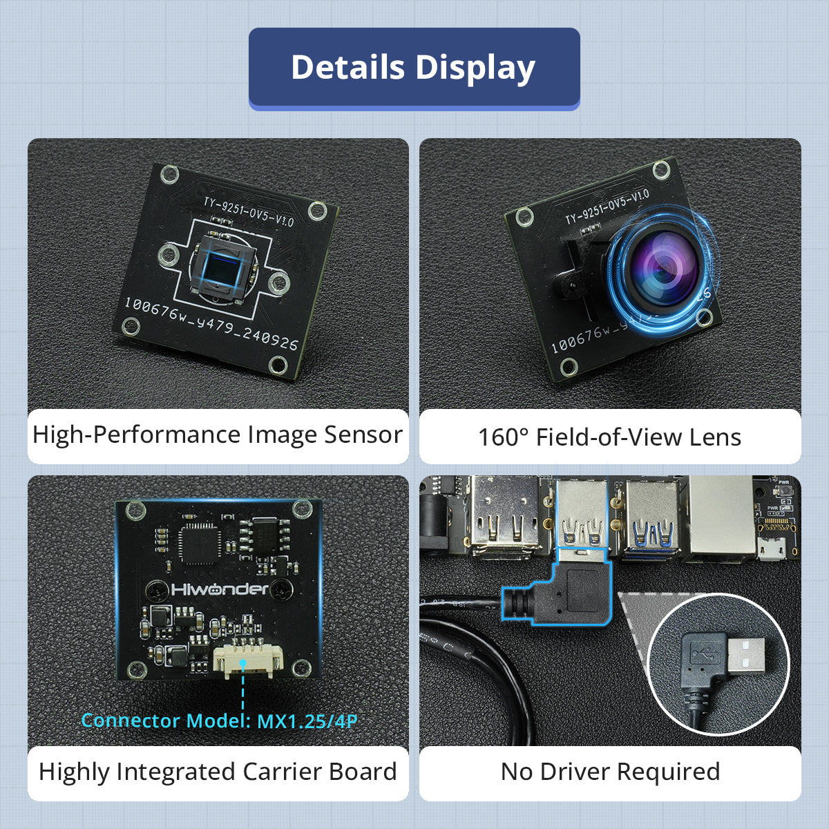 5-Megapixel USB Wide-Angle Camera, 160° FOV, Driver-Free, Compatible with ROS Robots, Raspberry Pi and Jetson Controllers